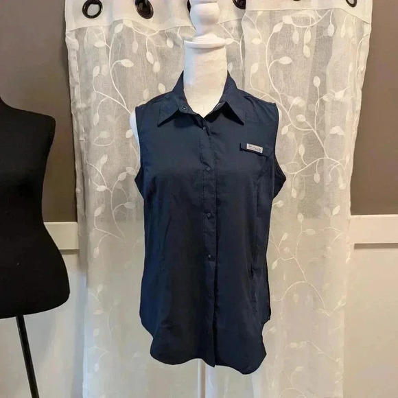 Columbia PFG Sleeve-less Button Down Shirt Size M Navy Blue - Picture 1 of 6